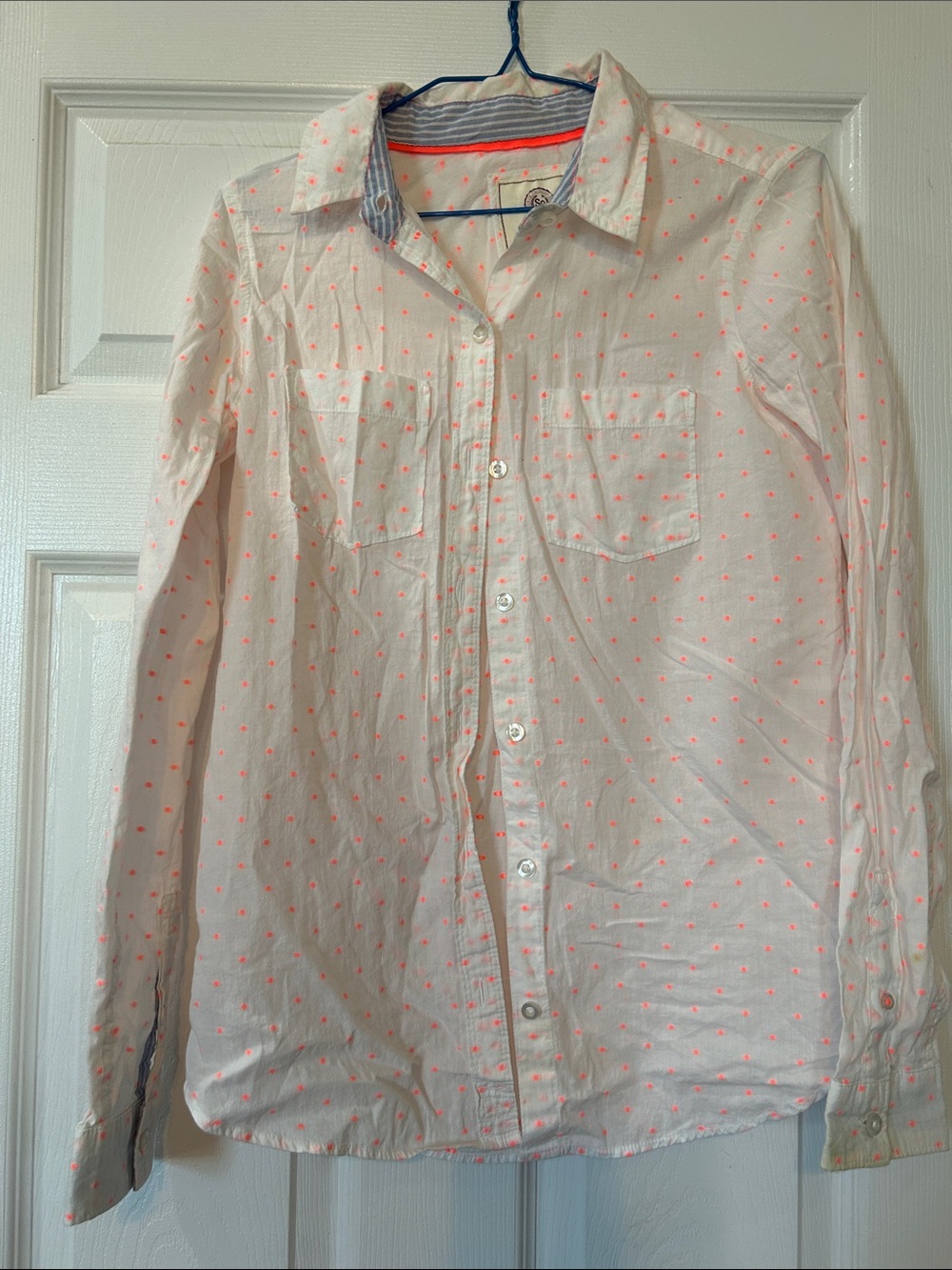 SO White Button-Up Shirt with Neon Coral Polka Dots